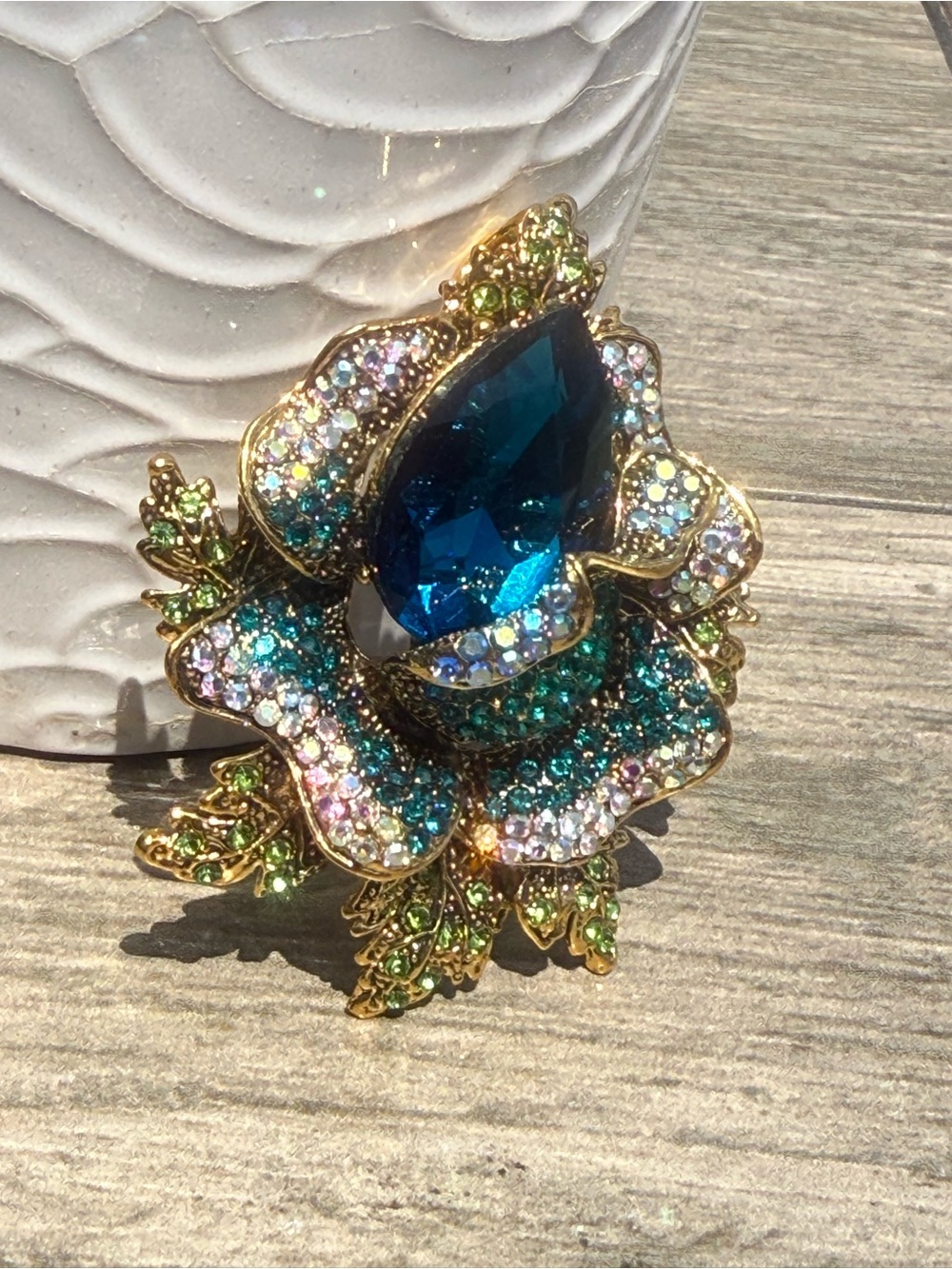 NWT Gold-Tone Floral Rose Statement Brooch with Blue Teardrop Crystal or Pendant
